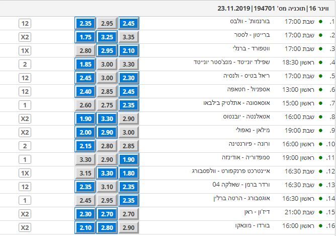 טופס של ווינר16 עבור מחזור 194701 לתאריך 23 נובמבר 2019